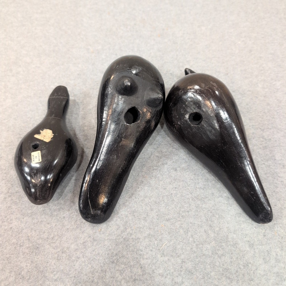 Vintage Mexican Barro Negro Black Clay Etched Bird Figurines Set of 3 Mexico - Picture 8 of 9